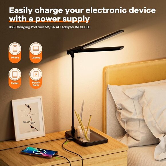 Desk Lamp with USB Charging Port & 【Adapter】, 17IN Tall LED Desk Lamps for Home - Picture 4 of 6